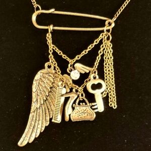 Gold Charm Necklace with Wings and Key